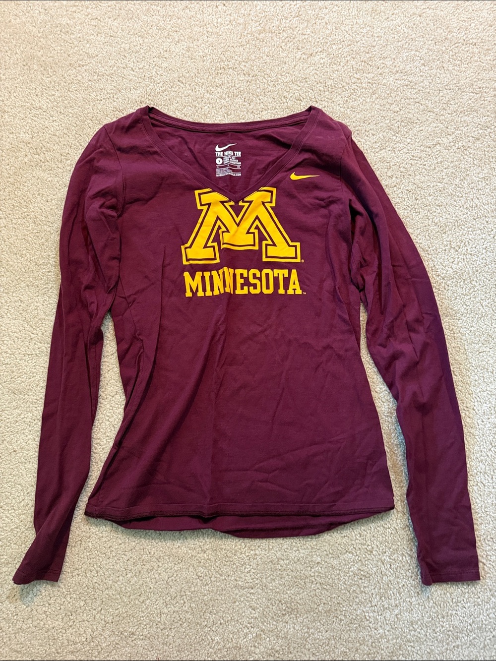 Nike Women's Maroon Long-Sleeve V-Neck Tee with Gold Minnesota Logo